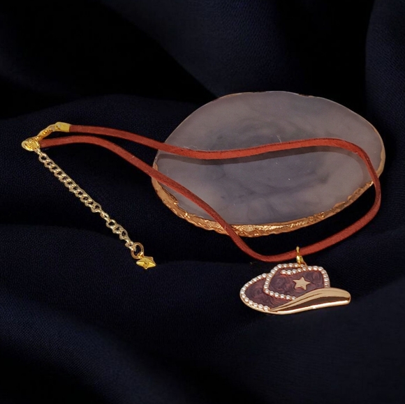 Faux Leather Cord Cowboy Hat Charm Choker Necklace Cowgirl Western Southwestern - Picture 3 of 12